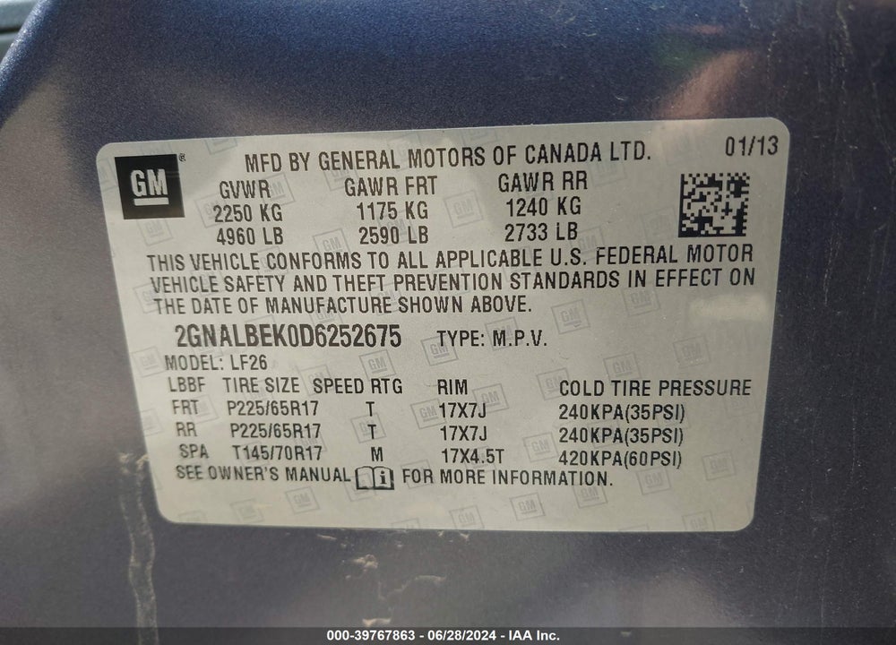 2013 CHEVROLET EQUINOX LS VIN: 2GNALBEK0D6252675