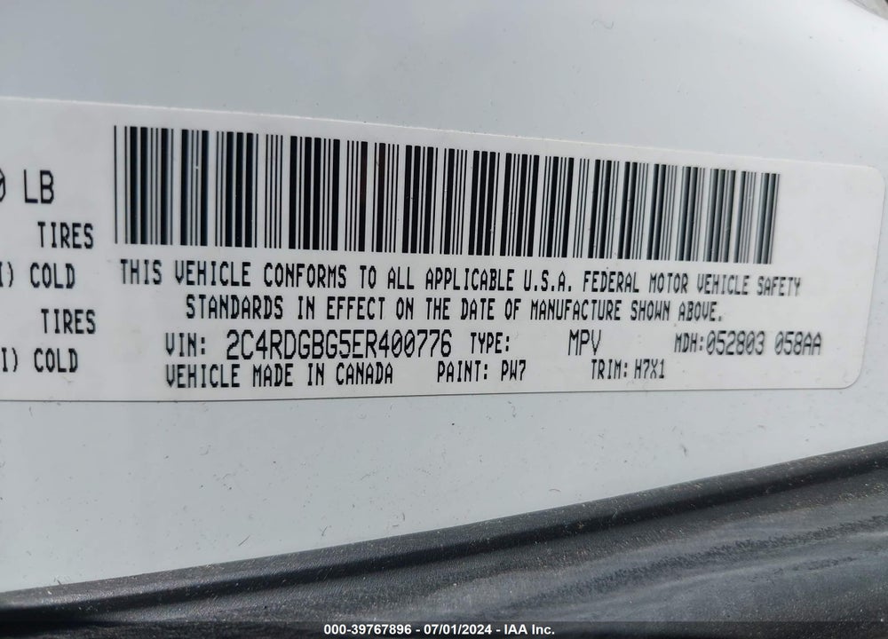 2014 DODGE GRAND CARAVAN SE VIN: 2C4RDGBG5ER400776