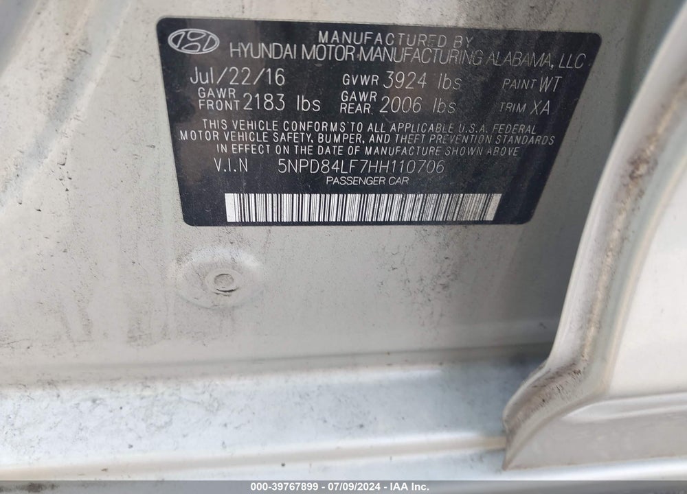 2017 HYUNDAI ELANTRA SE VIN: 5NPD84LF7HH110706