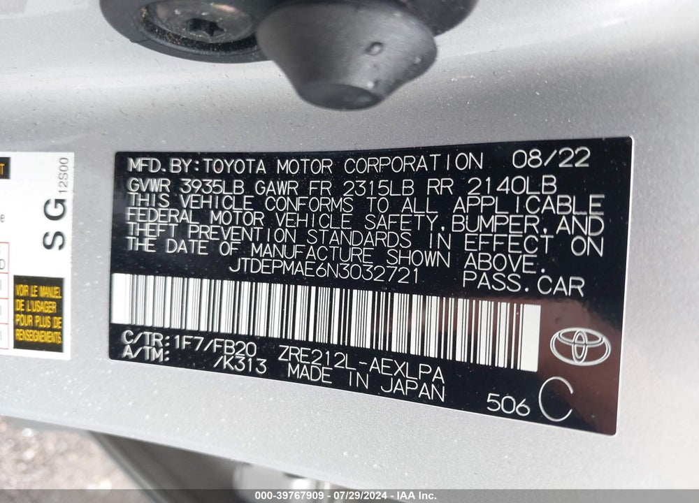 2022 TOYOTA COROLLA LE VIN: JTDEPMAE6N3032721