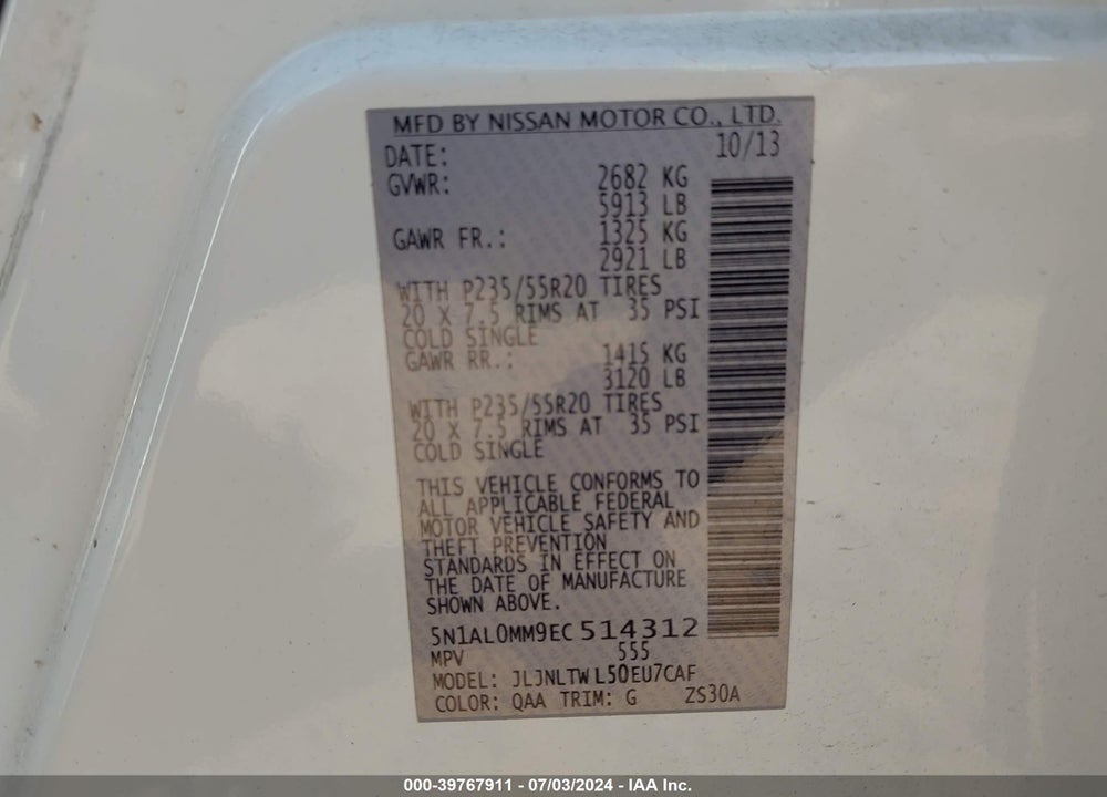 2014 INFINITI QX60 VIN: 5N1AL0MM9EC514312