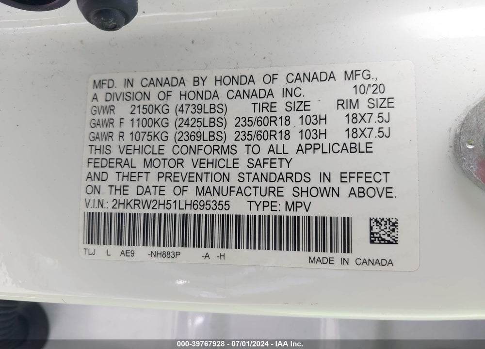 2020 HONDA CR-V AWD EX VIN: 2HKRW2H51LH695355