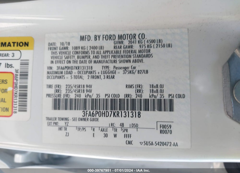 2019 FORD FUSION SE VIN: 3FA6P0HD7KR131318