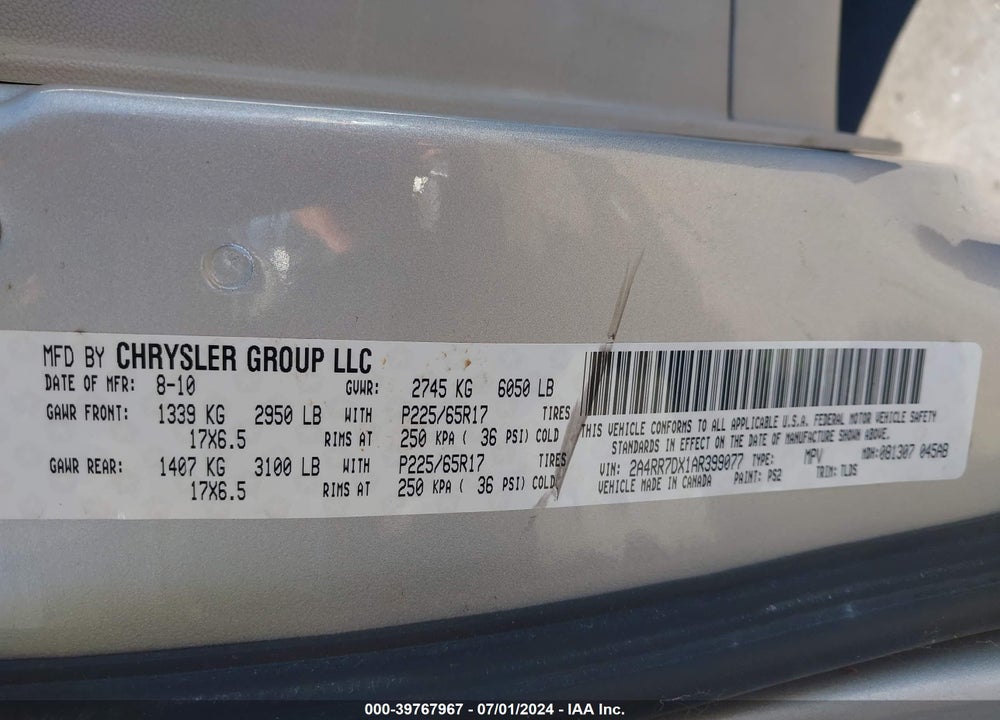 2010 CHRYSLER TOWN & COUNTRY NEW LIMITED VIN: 2A4RR7DX1AR399077