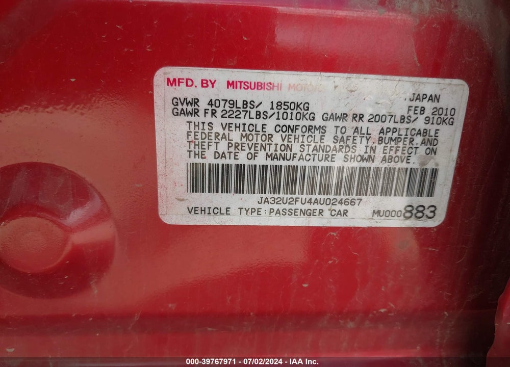 2010 MITSUBISHI LANCER ES VIN: JA32U2FU4AU024667