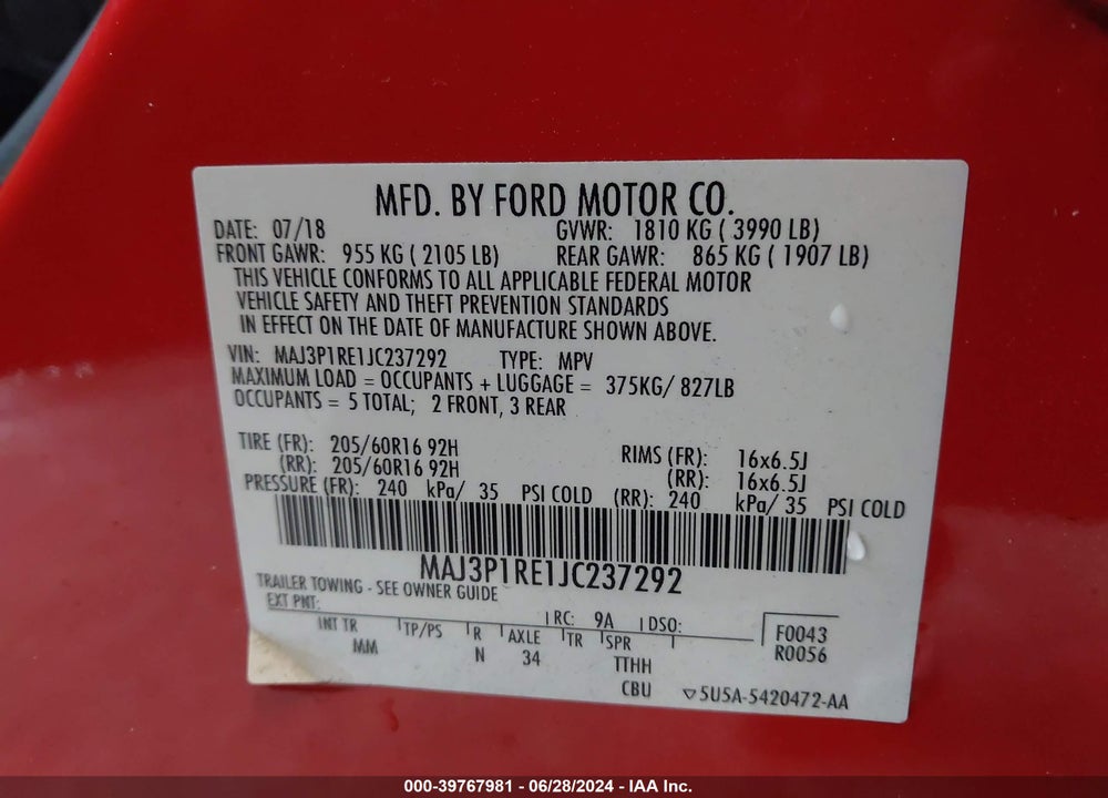 2018 FORD ECOSPORT S VIN: MAJ3P1RE1JC237292