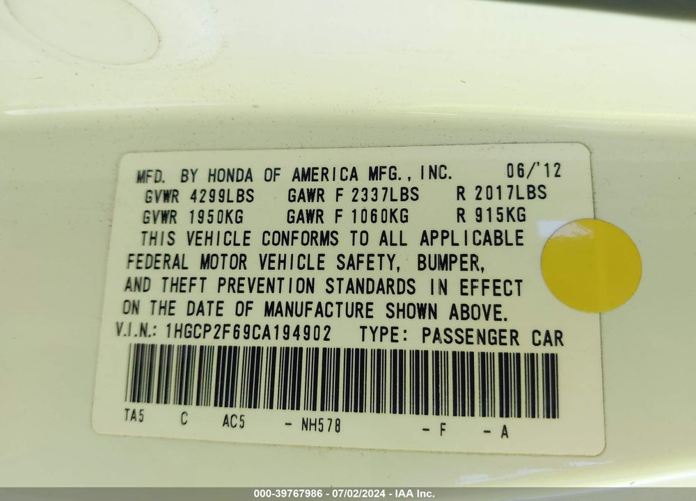 2012 HONDA ACCORD 2.4 SE VIN: 1HGCP2F69CA194902