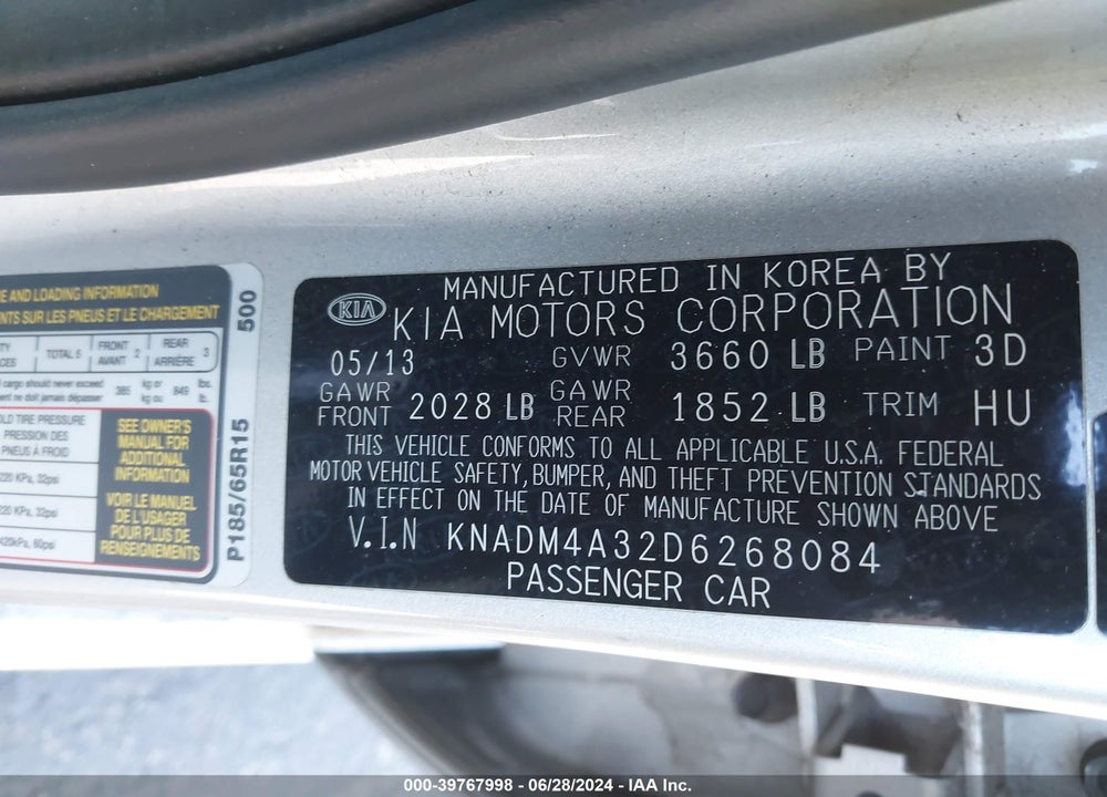 2013 KIA RIO LX VIN: KNADM4A32D6268084