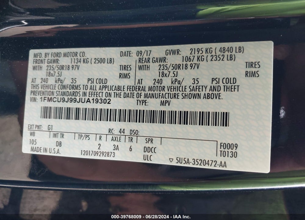 2018 FORD ESCAPE TITANIUM VIN: 1FMCU9J99JUA19302