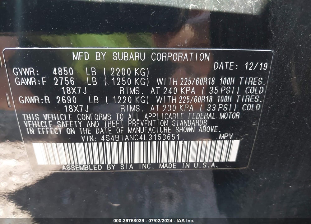 2020 SUBARU OUTBACK VIN: 4S4BTANC4L3153651