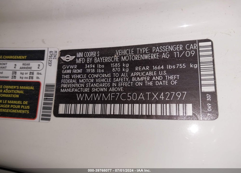 2010 MINI COOPER S VIN: WMWMF7C50ATX42797