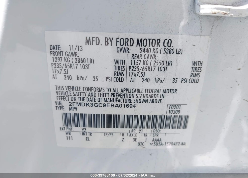 2014 FORD EDGE SE VIN: 2FMDK3GC9EBA01694
