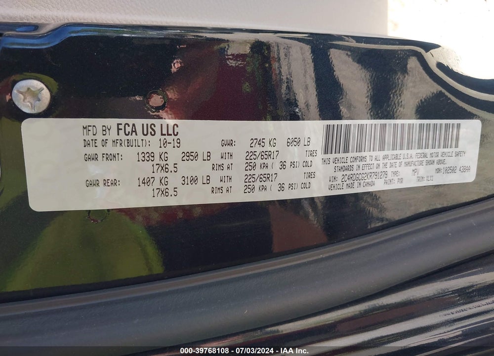 2019 DODGE GRAND CARAVAN SXT VIN: 2C4RDGCG2KR791279