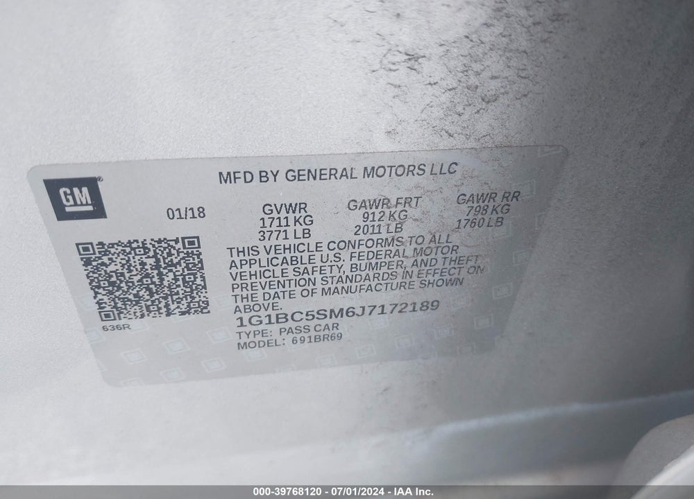 2018 CHEVROLET CRUZE LS AUTO VIN: 1G1BC5SM6J7172189