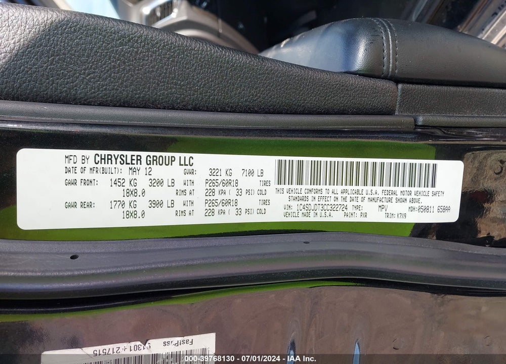 2012 DODGE DURANGO VIN: 1C4SDJDT3CC322724