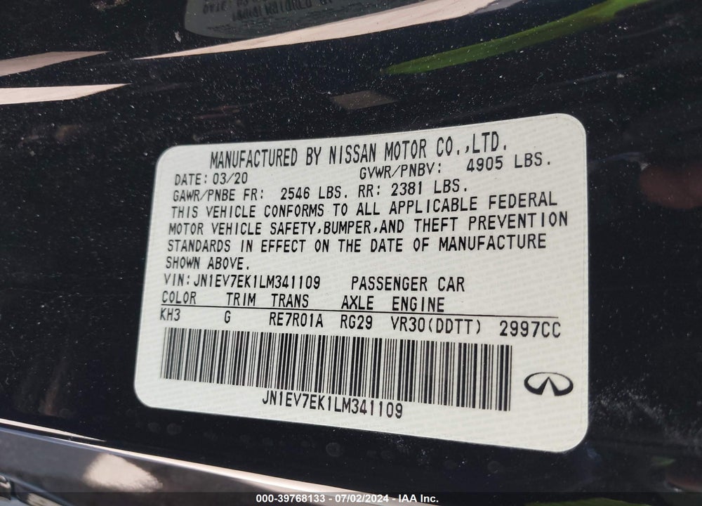 2020 INFINITI Q60 PURE VIN: JN1EV7EK1LM341109