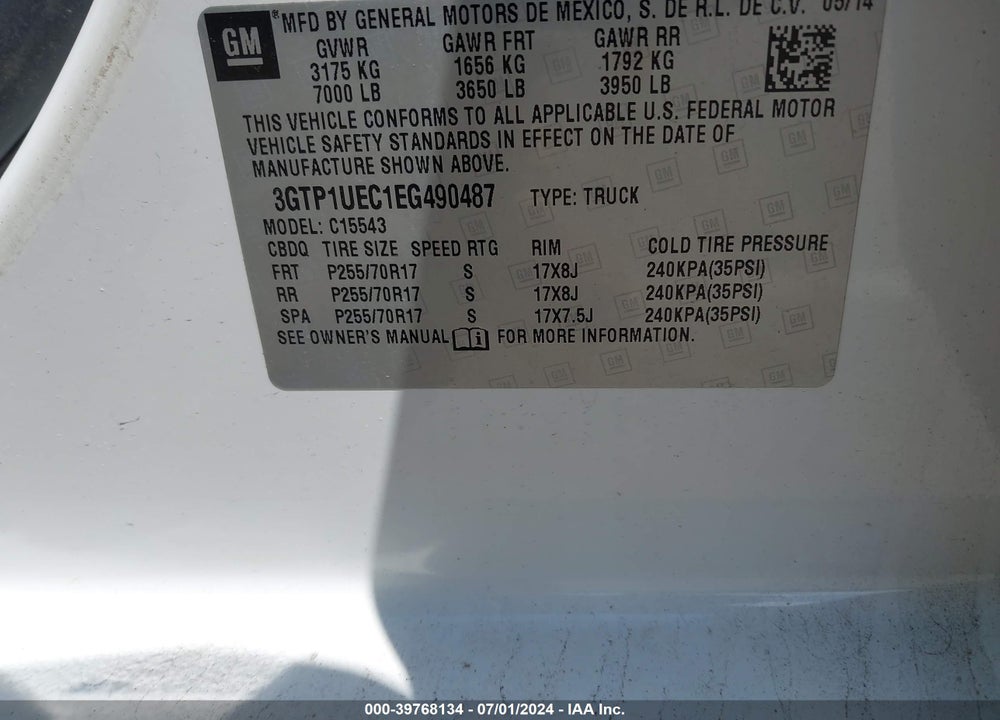 2014 GMC SIERRA 1500 SLE VIN: 3GTP1UEC1EG490487