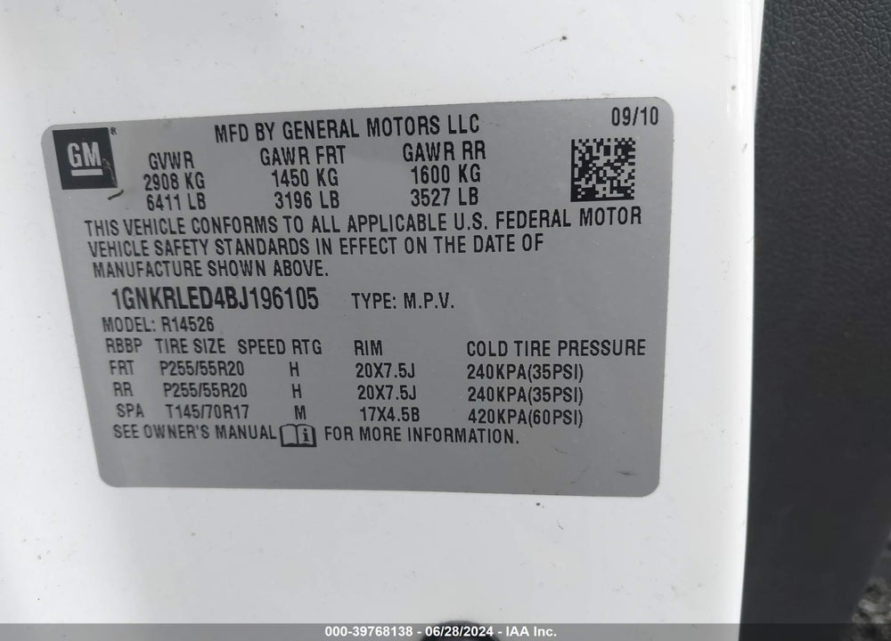 2011 CHEVROLET TRAVERSE LTZ VIN: 1GNKRLED4BJ196105
