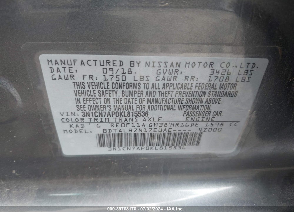 2019 NISSAN VERSA 1.6 SV VIN: 3N1CN7AP0KL815536