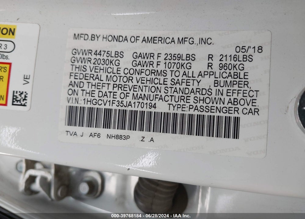 2018 HONDA ACCORD SPORT VIN: 1HGCV1F35JA170194