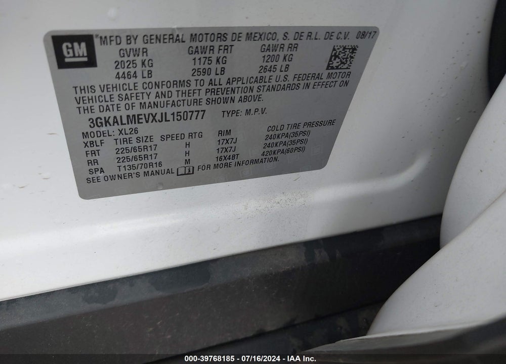 2018 GMC TERRAIN SLE VIN: 3GKALMEVXJL150777