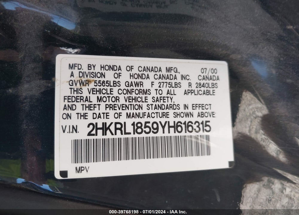 2000 HONDA ODYSSEY LX VIN: 2HKRL1859YH616315