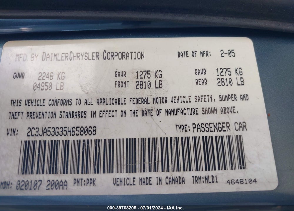 2005 CHRYSLER 300 TOURING VIN: 2C3JA53G35H658068