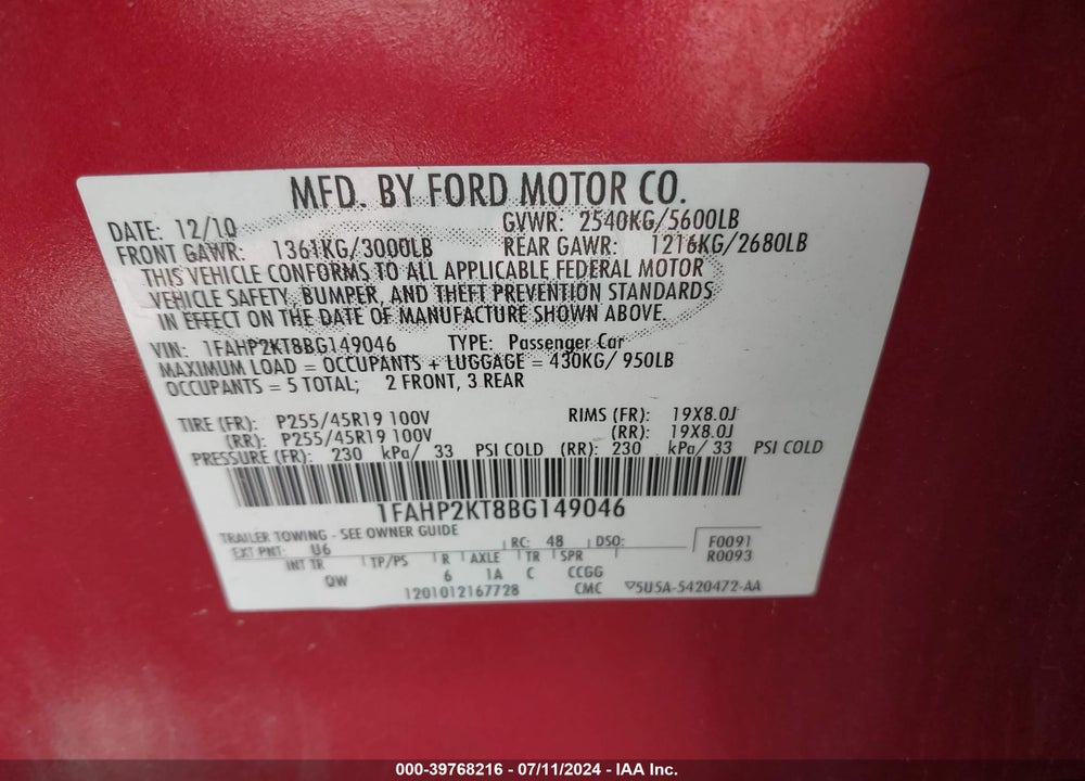 2011 FORD TAURUS SHO VIN: 1FAHP2KT8BG149046