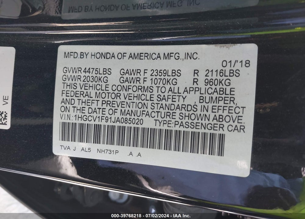 2018 HONDA ACCORD TOURING VIN: 1HGCV1F91JA085020