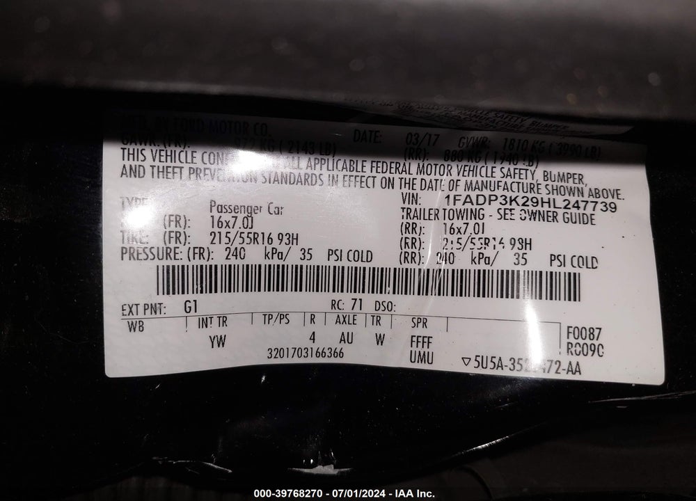 2017 FORD FOCUS SE VIN: 1FADP3K29HL247739