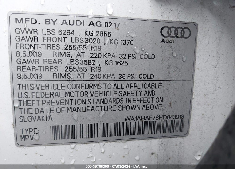 2017 AUDI Q7 2.0T PREMIUM VIN: WA1AHAF78HD043913