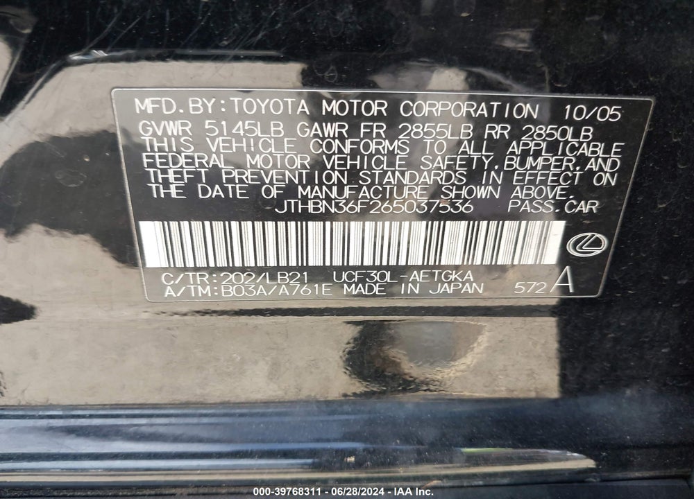 2006 LEXUS LS 430 VIN: JTHBN36F265037536