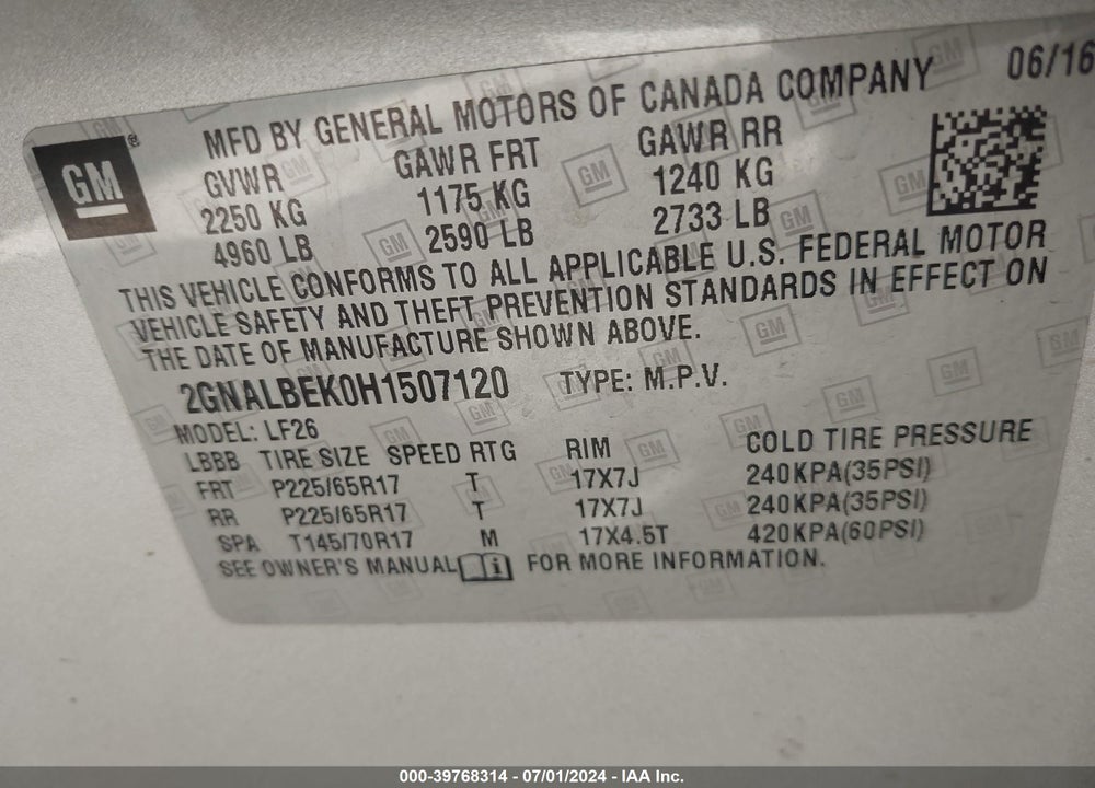 2017 CHEVROLET EQUINOX VIN: 2GNALBEK0H1507120