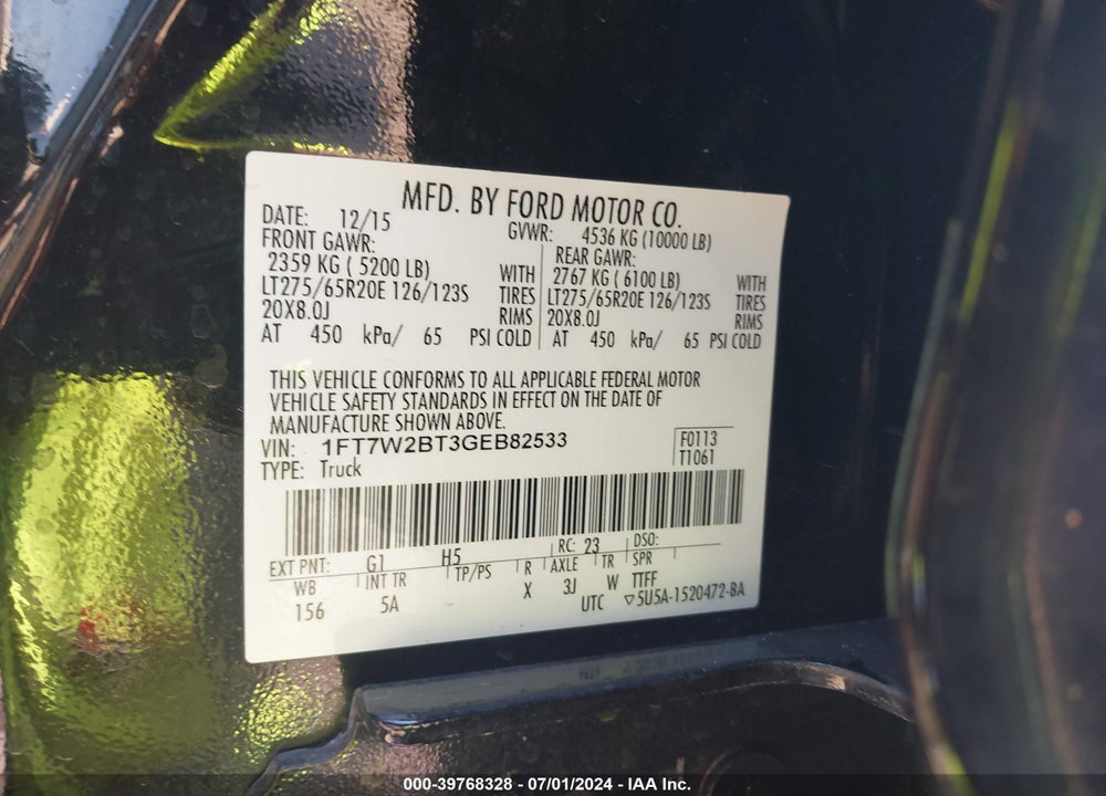 2016 FORD F-250 LARIAT VIN: 1FT7W2BT3GEB82533