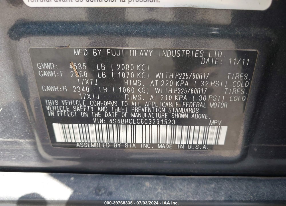 2012 SUBARU OUTBACK 2.5I LIMITED VIN: 4S4BRCLC6C3231523
