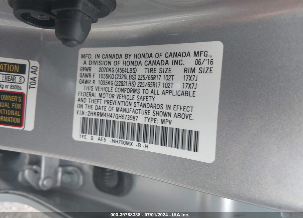 2016 HONDA CR-V SE VIN: 2HKRM4H47GH673987