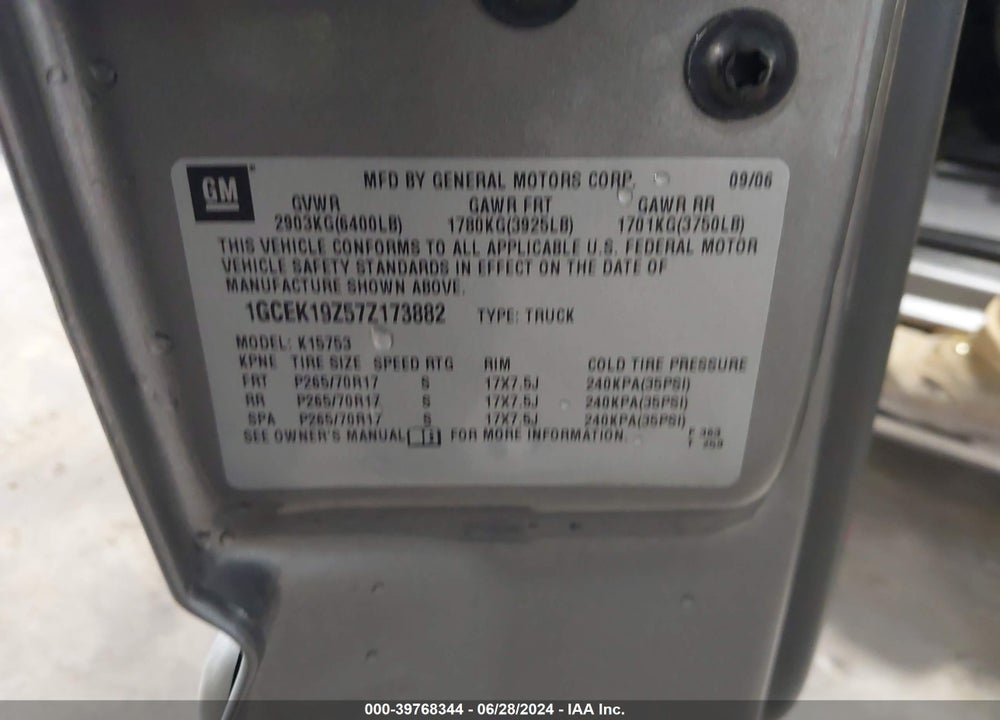 2007 CHEVROLET SILVERADO 1500 CLASSIC LT1 VIN: 1GCEK19Z57Z173882