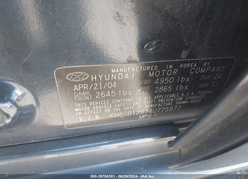 2004 HYUNDAI SANTA FE VIN: KM8SB12B74U775977