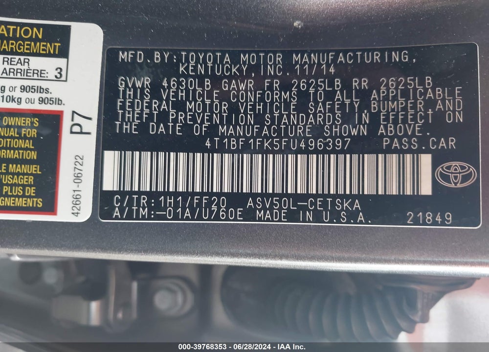 2015 TOYOTA CAMRY SE VIN: 4T1BF1FK5FU496397
