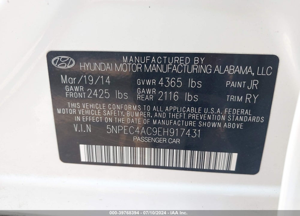 2014 HYUNDAI SONATA SE VIN: 5NPEC4AC9EH917431