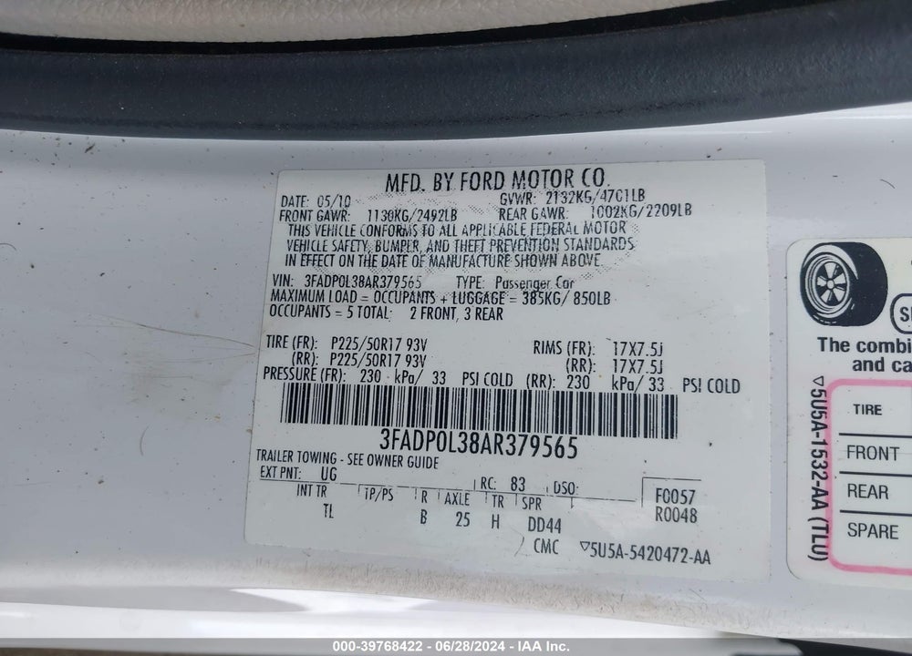 2010 FORD FUSION HYBRID VIN: 3FADP0L38AR379565
