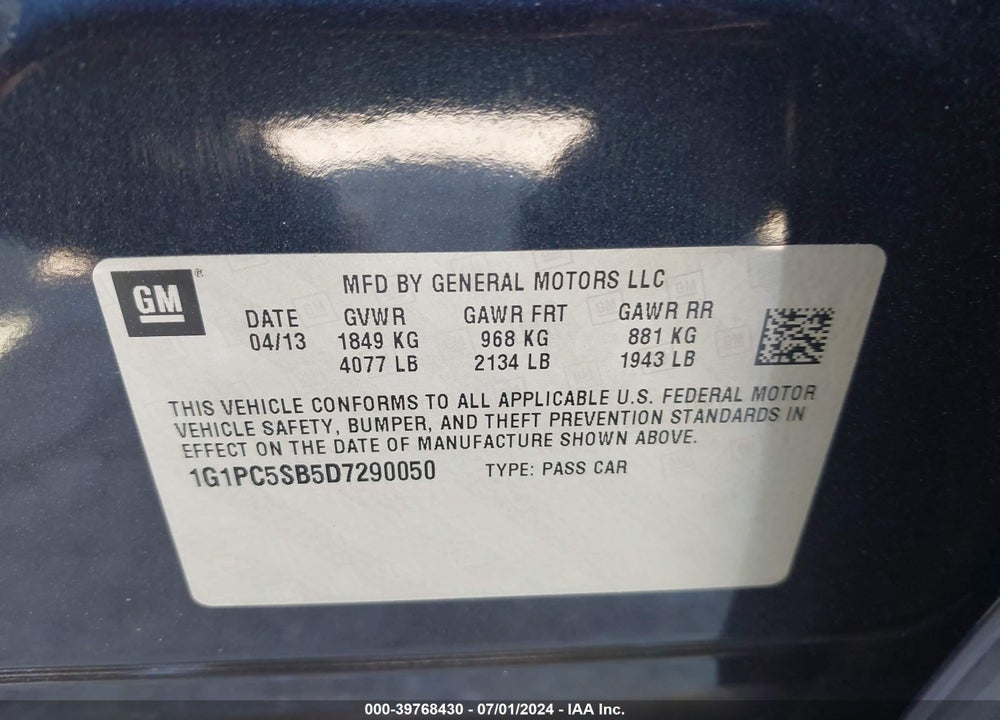 2013 CHEVROLET CRUZE 1LT AUTO VIN: 1G1PC5SB5D7290050