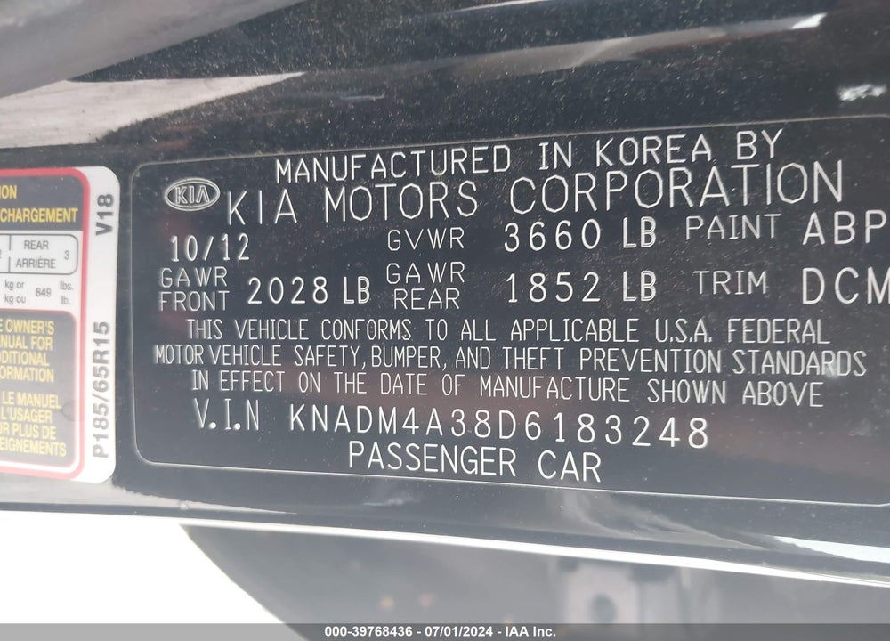 2013 KIA RIO LX VIN: KNADM4A38D6183248