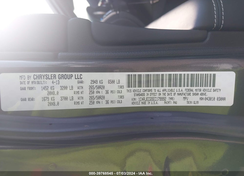 2014 JEEP GRAND CHEROKEE OVERLAND VIN: 1C4RJECG5EC179992