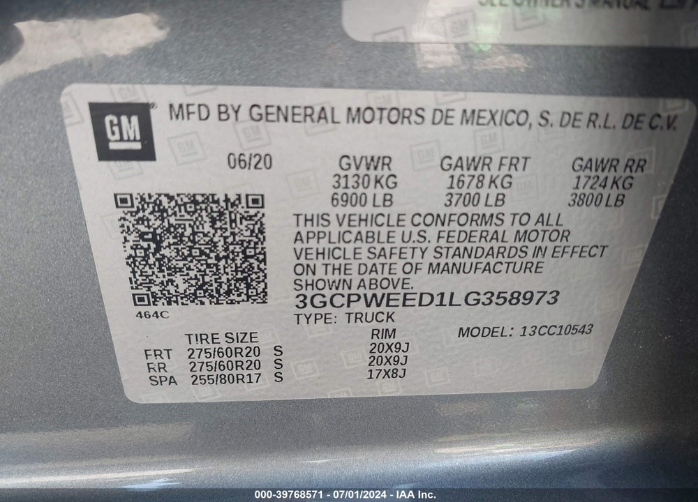 2020 CHEVROLET SILVERADO 1500 VIN: 3GCPWEED1LG358973