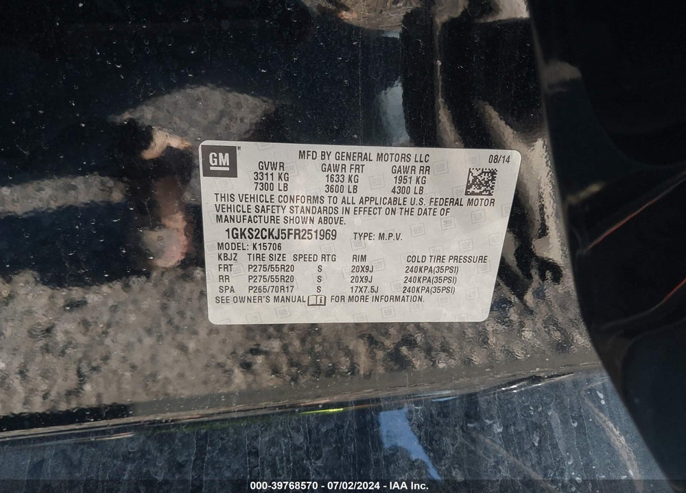 2015 GMC YUKON DENALI VIN: 1GKS2CKJ5FR251969