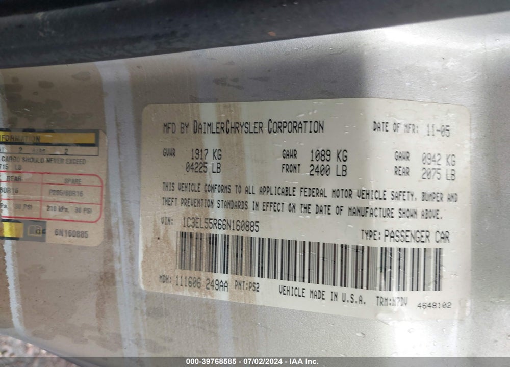 2006 CHRYSLER SEBRING TOURING VIN: 1C3EL55R66N160885