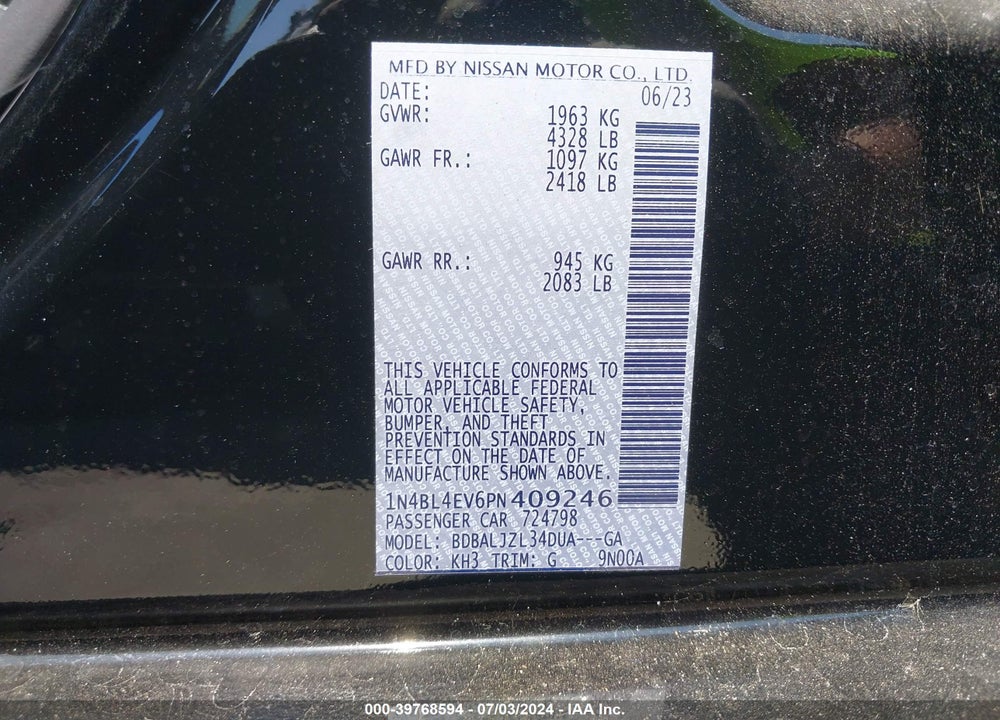 2023 NISSAN ALTIMA SL FWD VIN: 1N4BL4EV6PN409246