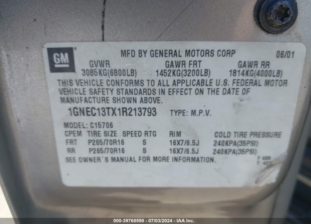 2001 CHEVROLET TAHOE LS VIN: 1GNEC13TX1R213793