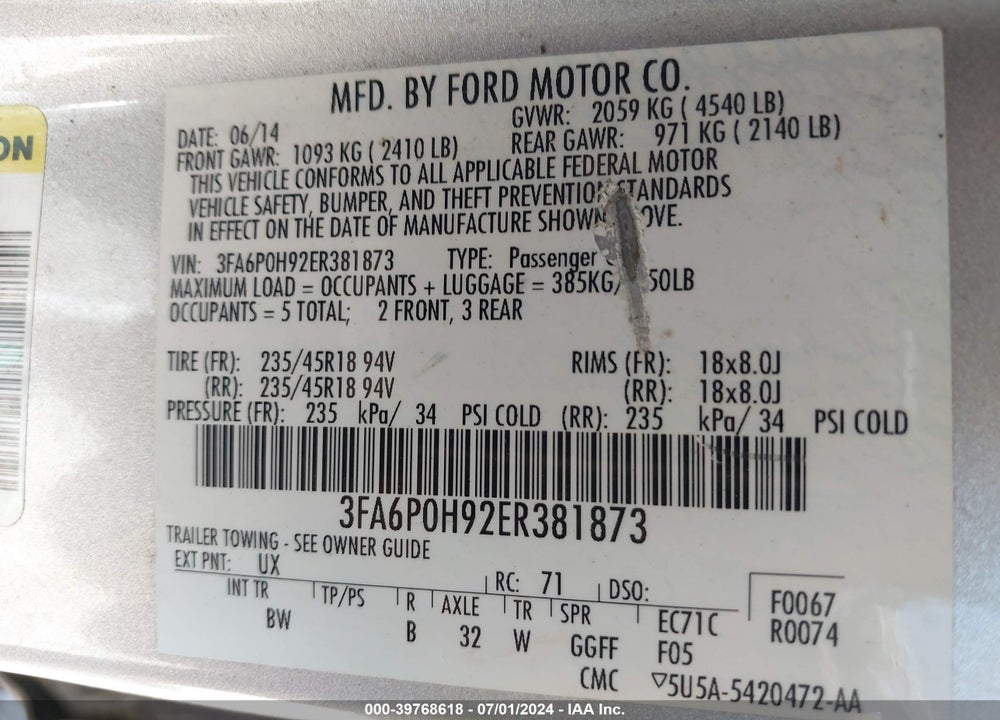 2014 FORD FUSION SE VIN: 3FA6P0H92ER381873